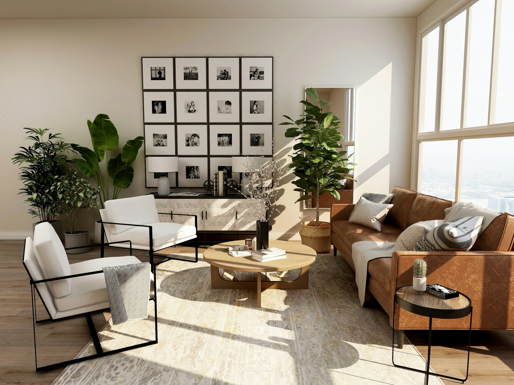 Sunlit living room with thoughtfully arranged everyday objects