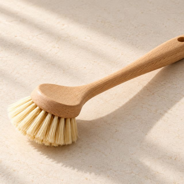 Demonstration wooden dish brush on a warm neutral surface